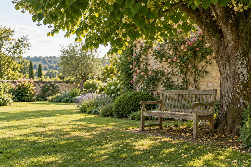 Banc de bois à l’ombre d’un grand tilleul, dans un jardin calme bordé d’un mur de pierre couvert de rosiers.