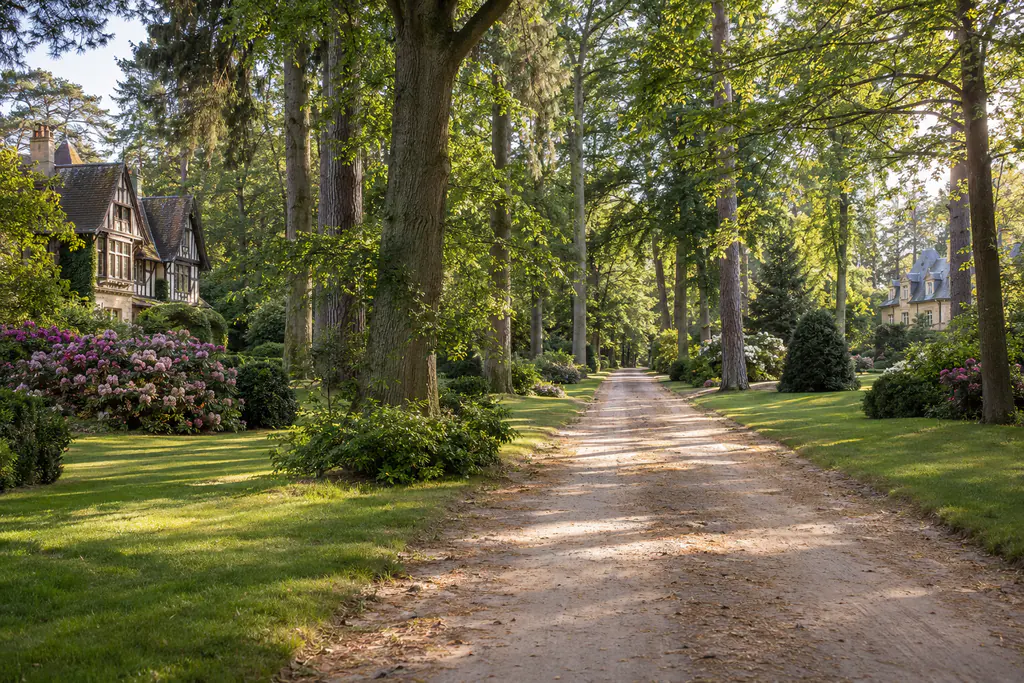 Allée sablonneuse d’un domaine résidentiel boisé, sous de grands chênes et pins, entre pelouses ouvertes, rhododendrons et villas à colombages.