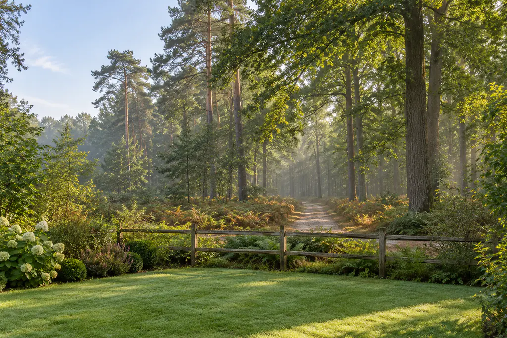 Jardin en lisière de forêt : la pelouse s’arrête à une barrière de bois, derrière laquelle chênes, hêtres et pins sylvestres bordent une allée forestière sablonneuse.