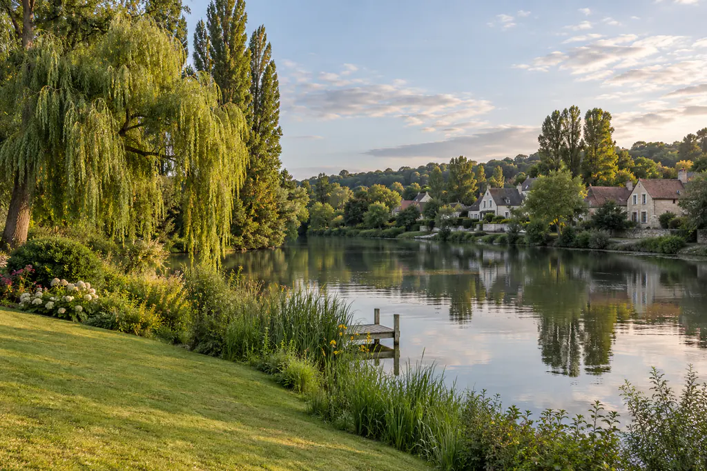 Jardin en pente douce au bord de l’Oise : saule pleureur, peupliers, roseaux et petit ponton ; maisons de pierre claire sur l’autre rive.