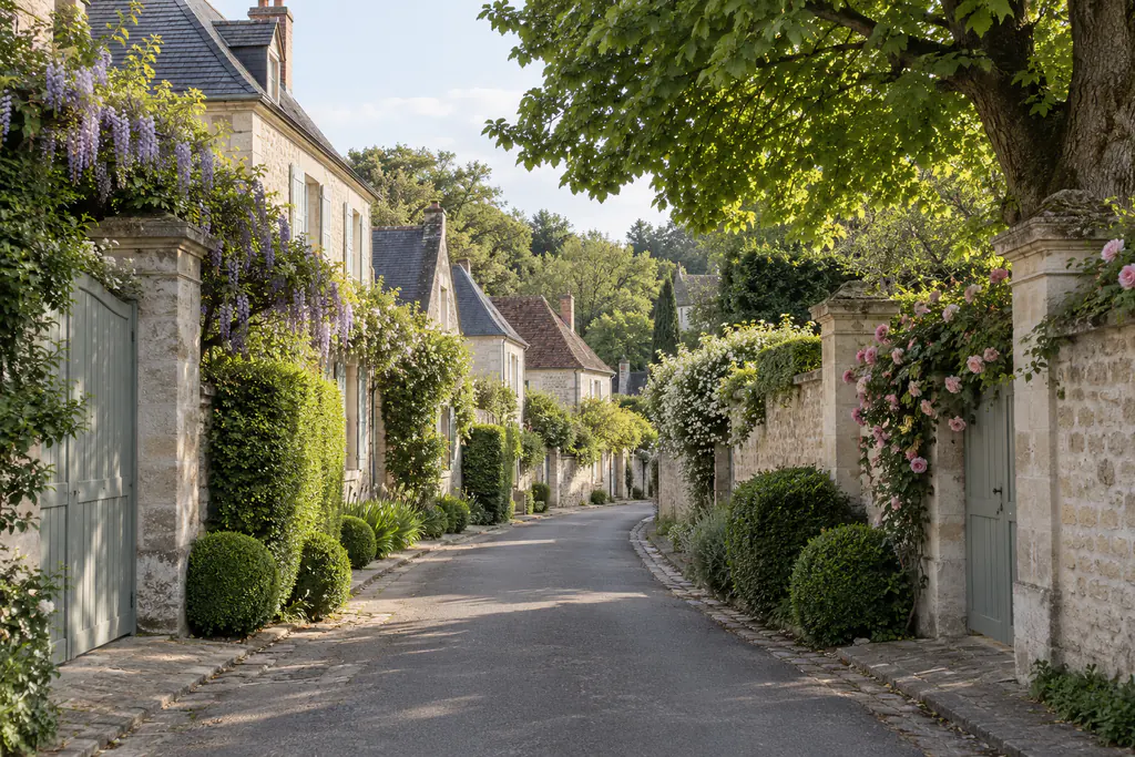 Rue de village bordée de maisons et de murs en pierre calcaire claire, portails gris-vert, glycine, rosiers grimpants et boules de buis.